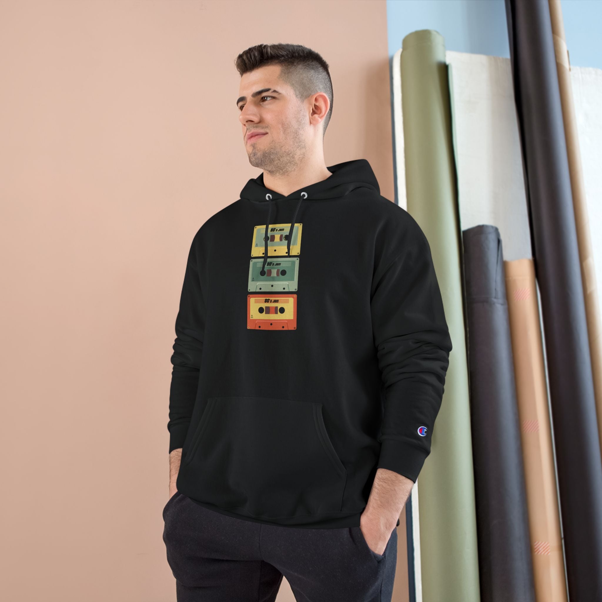 Retro Cassette Tape Hoodie with Tropical Sunset Design