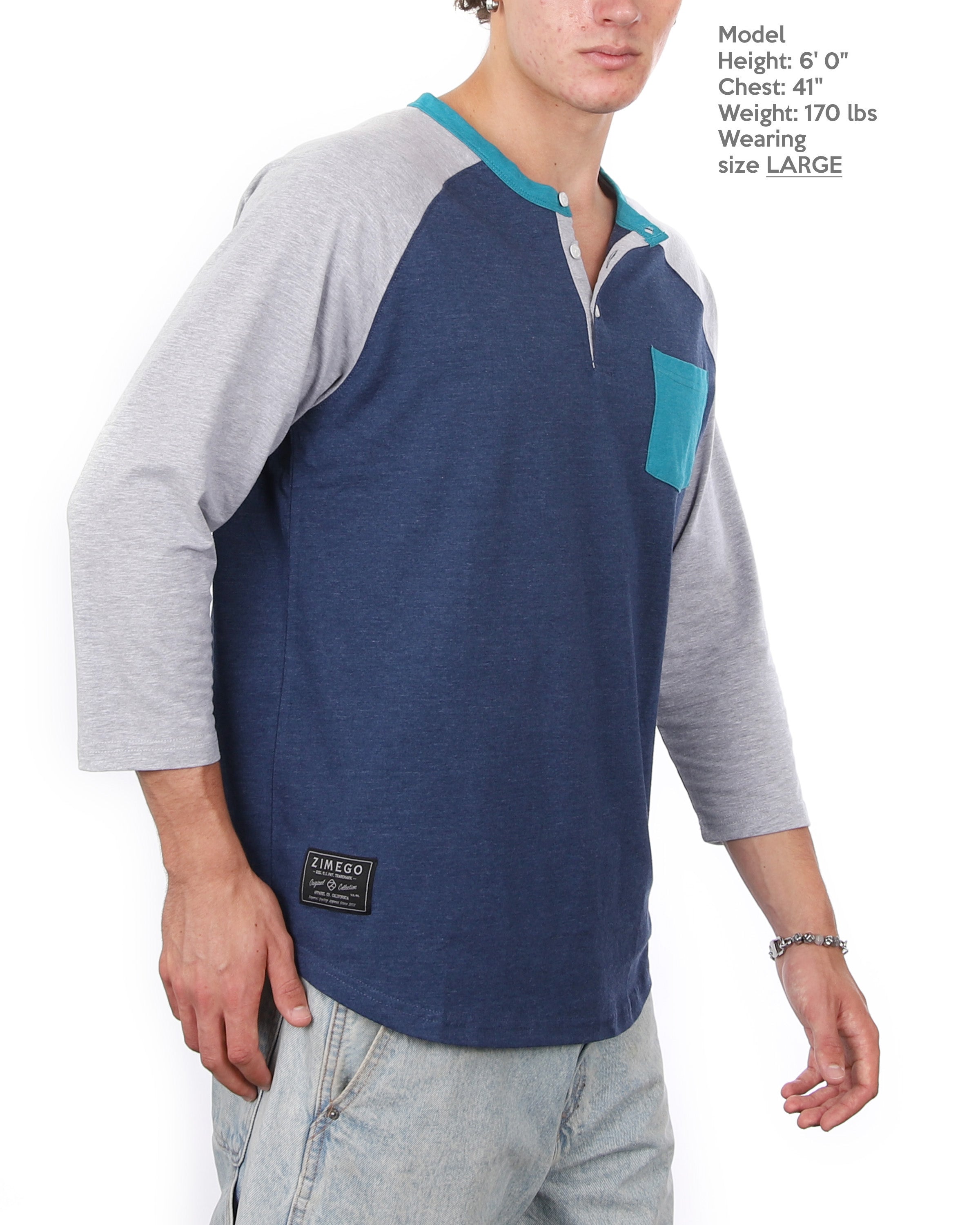 Contrast 3/4 Sleeve Stretch Casual Baseball Button Henley Shirts-3