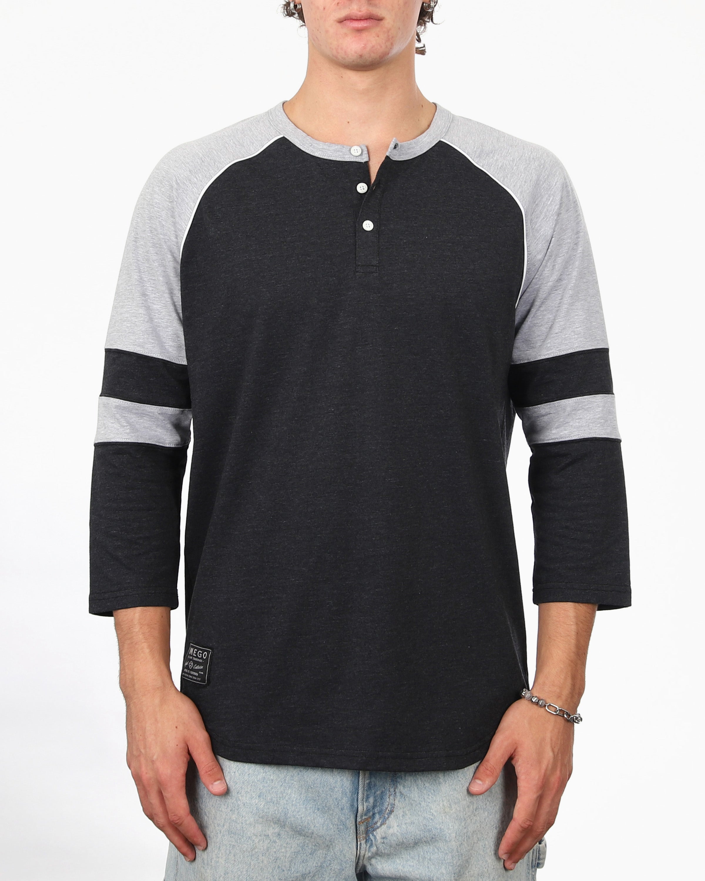 Color Block 3/4 Sleeve Stretch Casual Baseball Button Henley Shirts-1