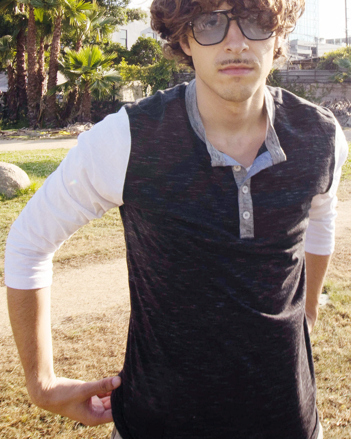 Men's 3/4 Sleeve Casual Button Crewneck Shirts Black White-0