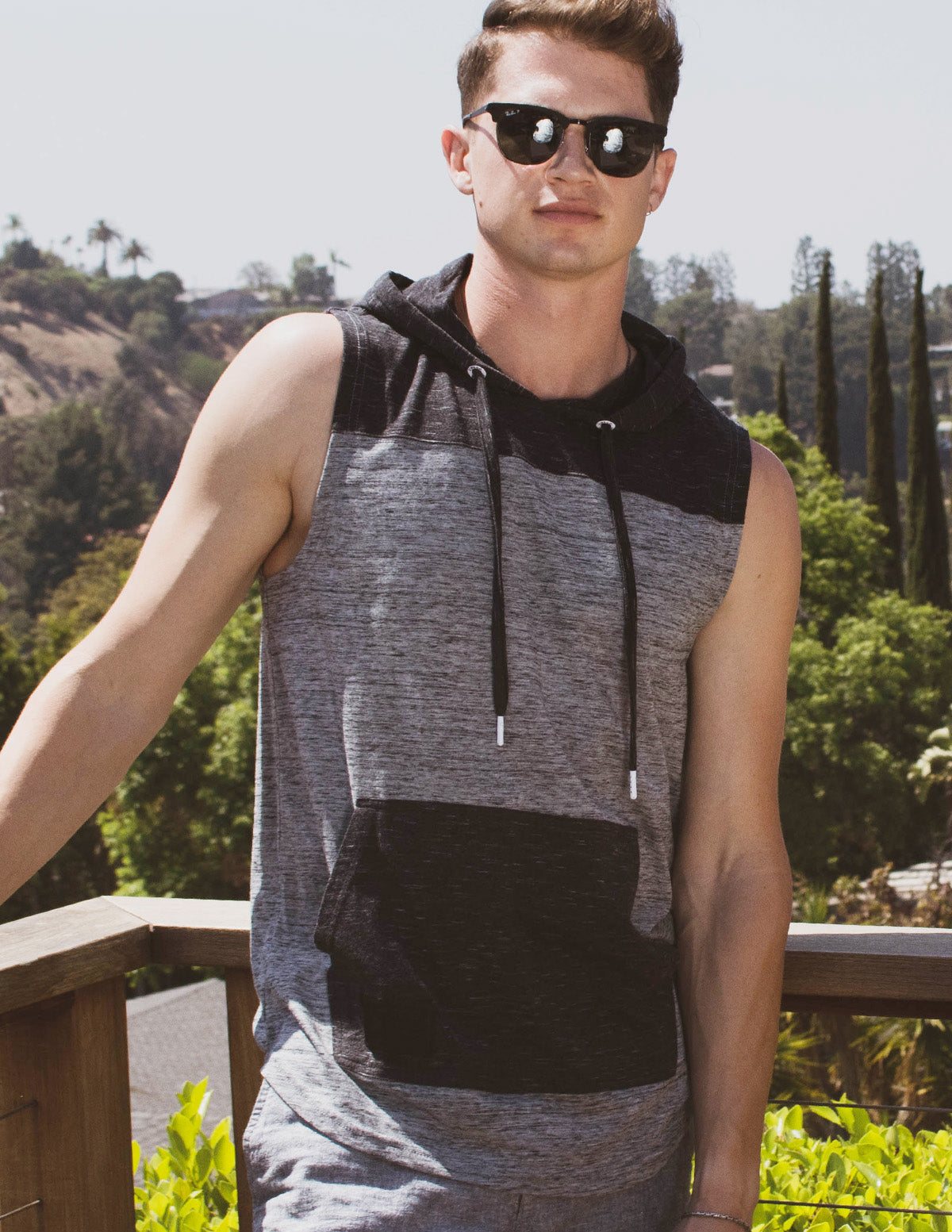 Color Block Men's Longline Sleeveless Cotton Hooded Tank Top-0