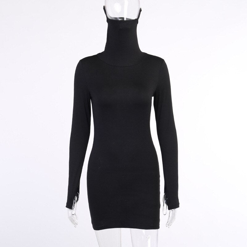Autumn Hot Black Women's Long Sleeve Face Mask Bodycon Dress Vestido Minico.