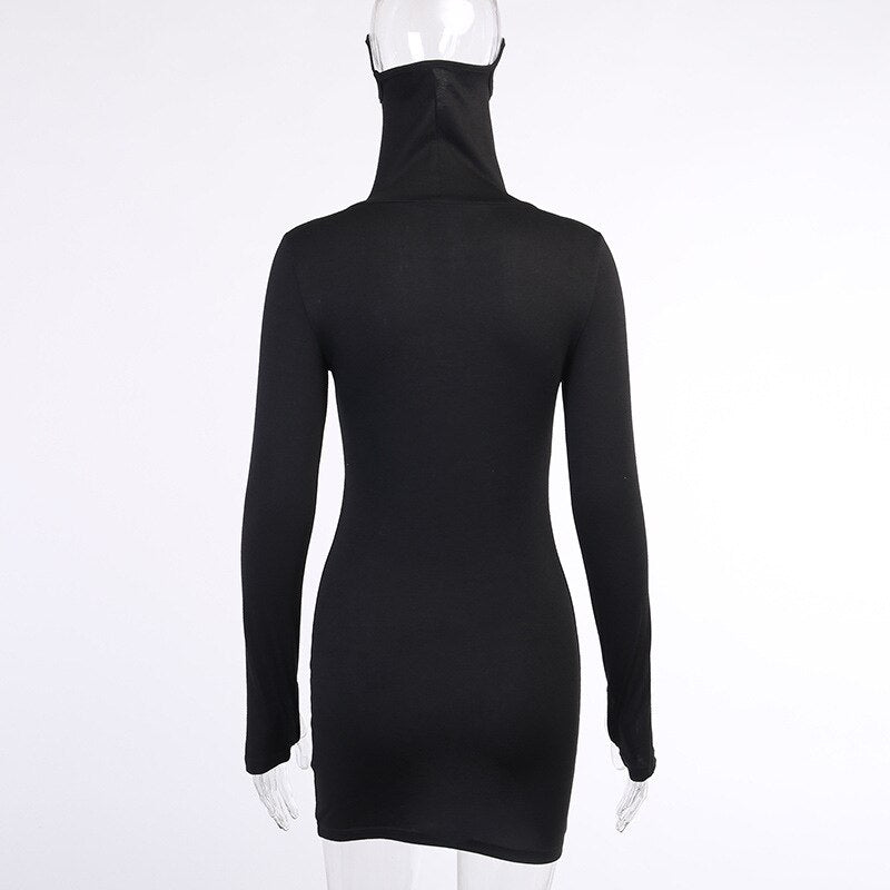Autumn Hot Black Women's Long Sleeve Face Mask Bodycon Dress Vestido Minico.