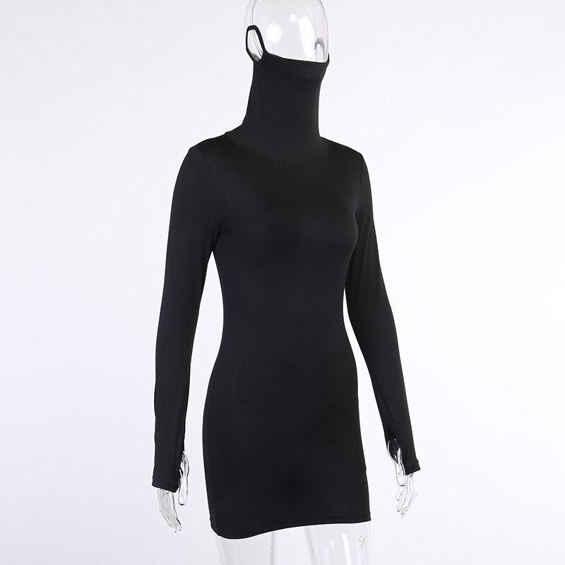 Autumn Hot Black Women's Long Sleeve Face Mask Bodycon Dress Vestido Minico.
