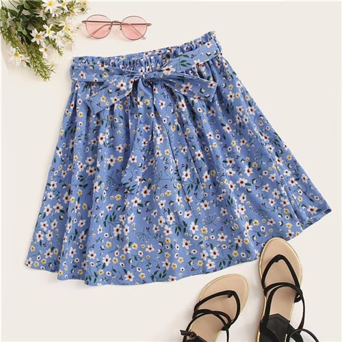 Boho Navy Ditsy Floral Print Paperbag Waist Mini Skirts Summer Flared Dress