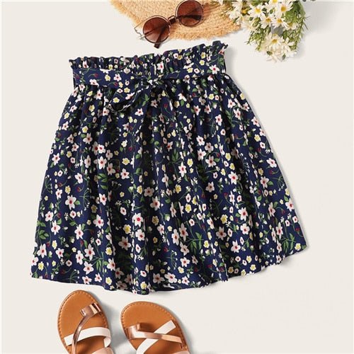 Boho Navy Ditsy Floral Print Paperbag Waist Mini Skirts Summer Flared Dress