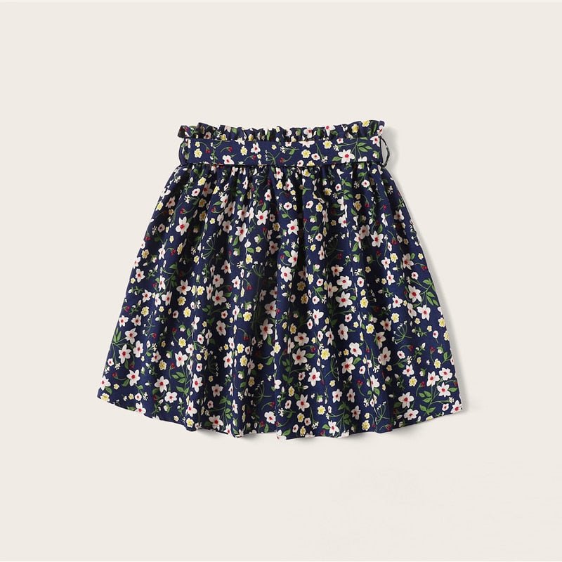 Boho Navy Ditsy Floral Print Paperbag Waist Mini Skirts Summer Flared Dress