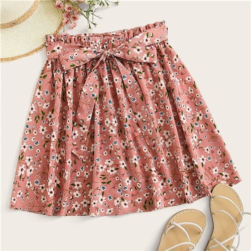 Boho Navy Ditsy Floral Print Paperbag Waist Mini Skirts Summer Flared Dress