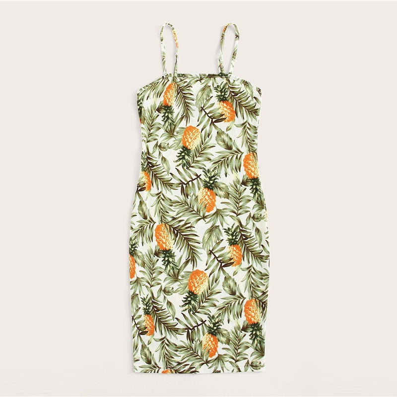 Pineapple Tropical Print Sleeveless Mini Beach Dresses Women Summer Vacation Clothes