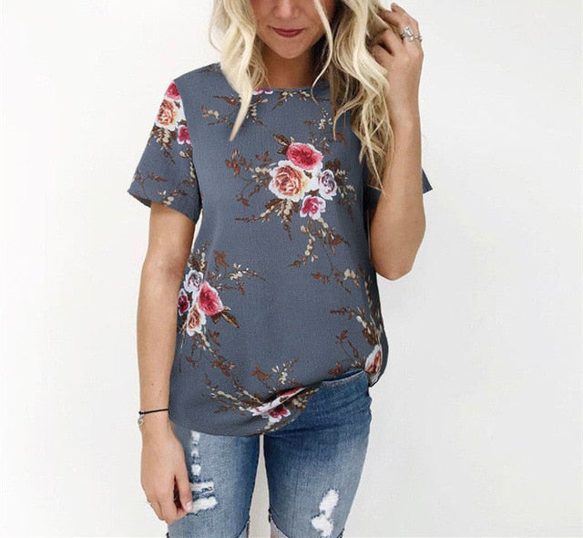 Summer Women Chiffon Printed Short Sleeve Blouses Casual Shirts