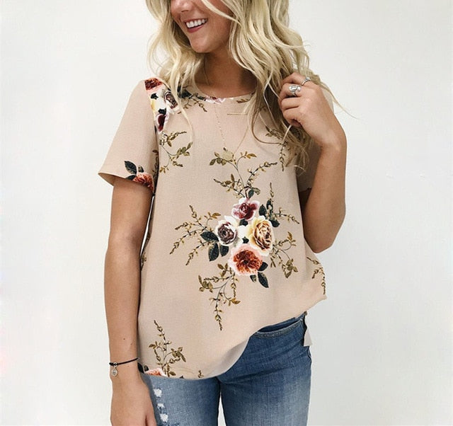 Summer Women Chiffon Printed Short Sleeve Blouses Casual Shirts