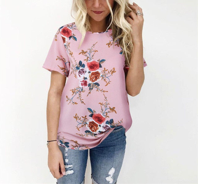 Summer Women Chiffon Printed Short Sleeve Blouses Casual Shirts