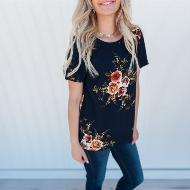 Summer Women Chiffon Printed Short Sleeve Blouses Casual Shirts