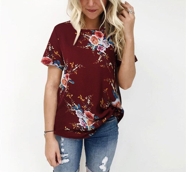Summer Women Chiffon Printed Short Sleeve Blouses Casual Shirts