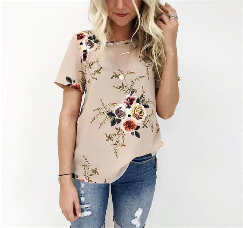 Summer Women Chiffon Printed Short Sleeve Blouses Casual Shirts