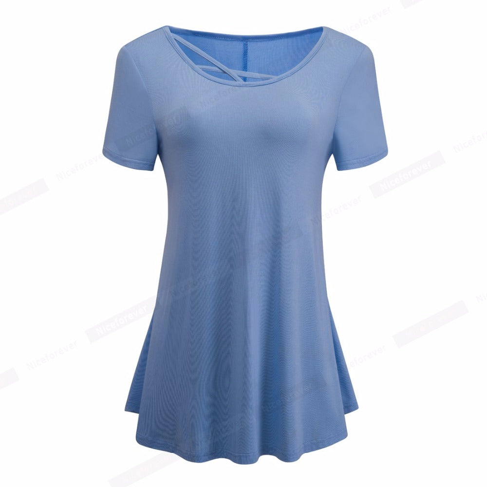 Women's Casual Short Sleeve Crisscross O-Neck Loose Tees tops