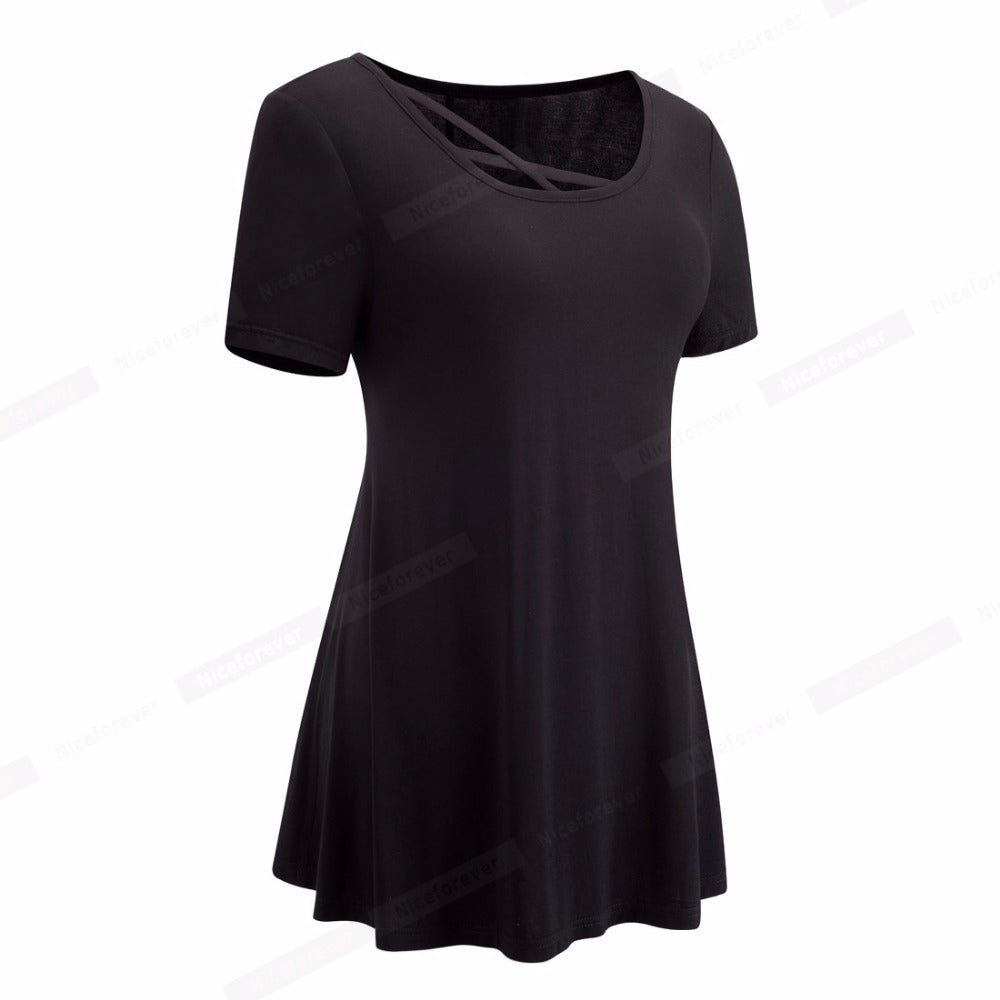 Women's Casual Short Sleeve Crisscross O-Neck Loose Tees tops