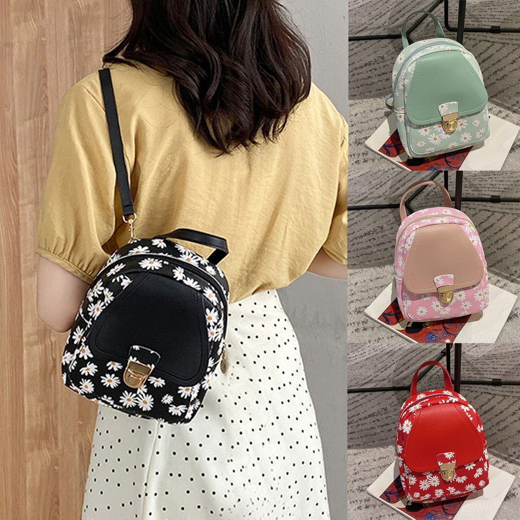 Small Flower Soft PU Women's Mini Backpack Purse with Zipper Closure and TCS Carrying System