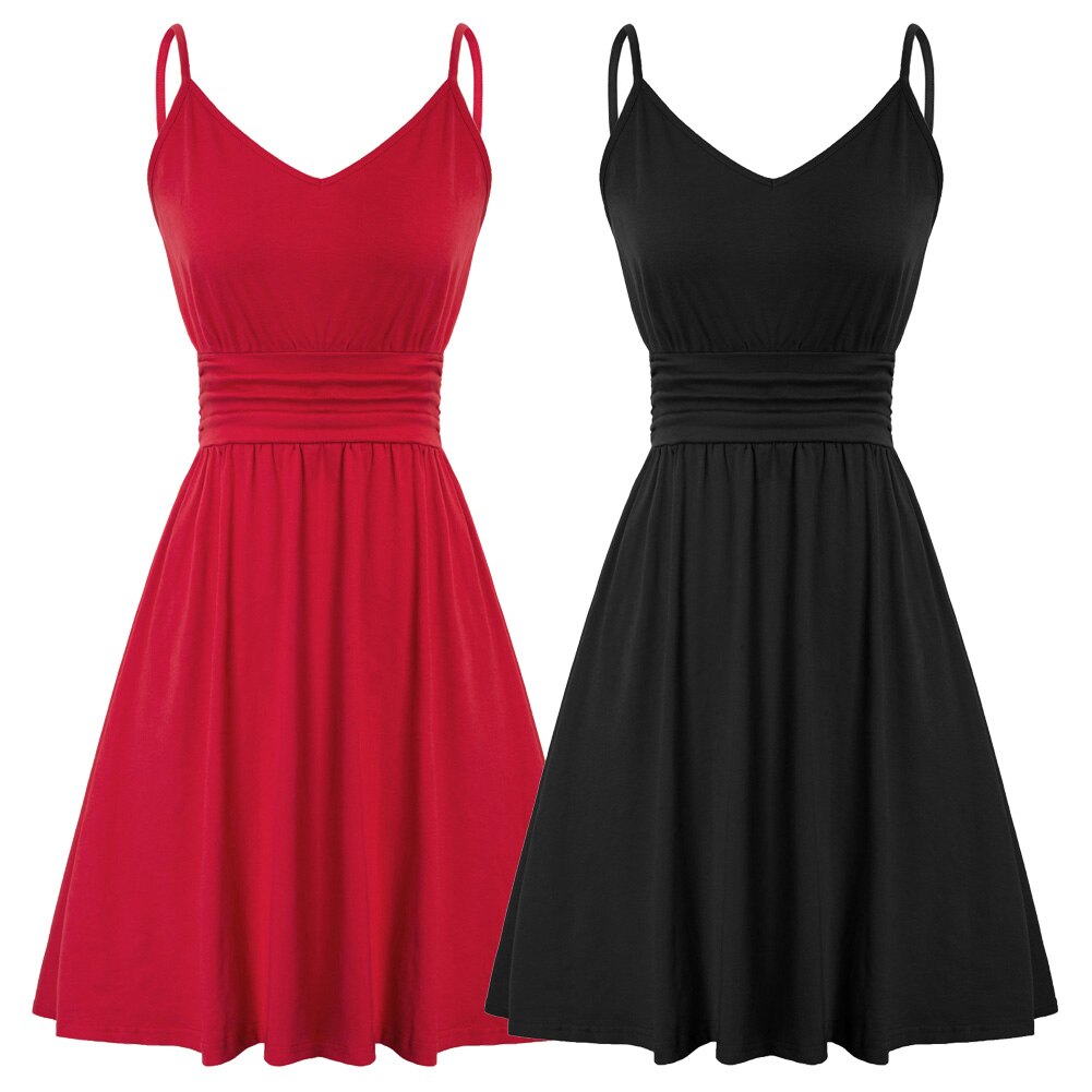 Women Cotton Mini V-Neck Spaghetti Strap A-Line Dress Casual Wear