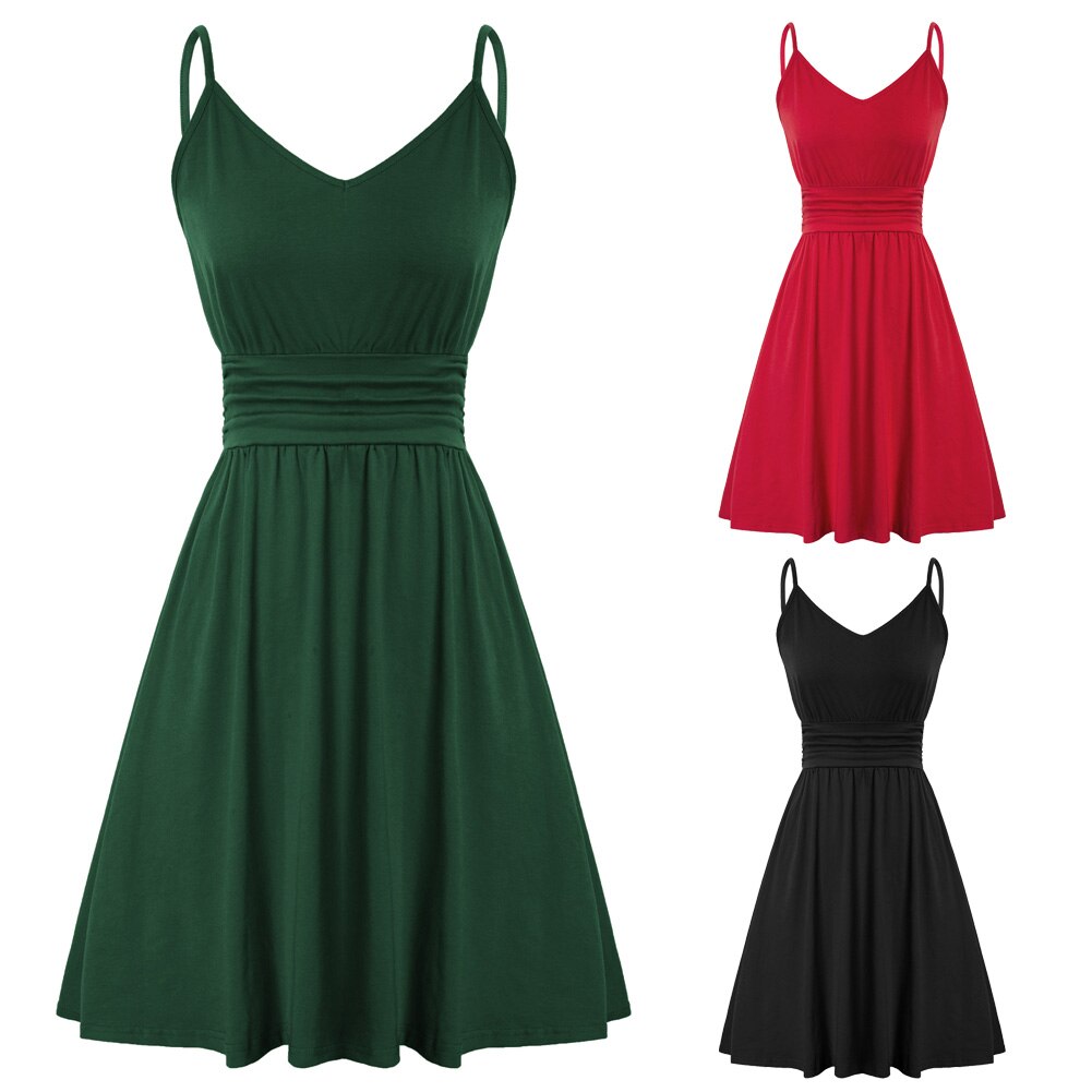 Women Cotton Mini V-Neck Spaghetti Strap A-Line Dress Casual Wear