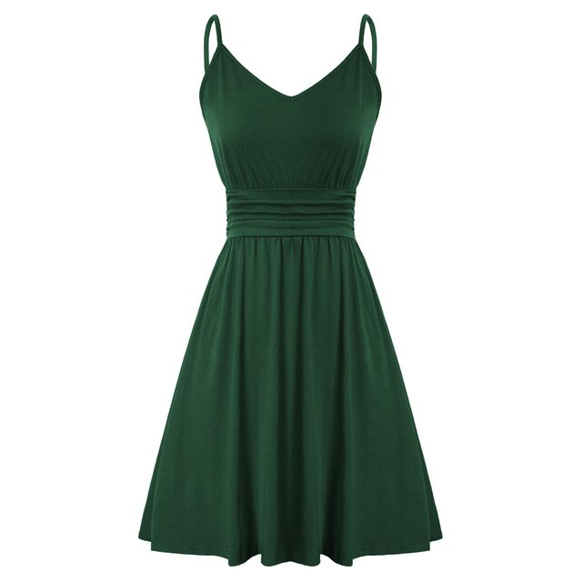 Women Cotton Mini V-Neck Spaghetti Strap A-Line Dress Casual Wear