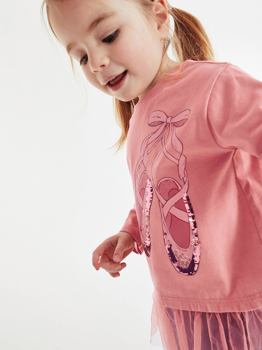 Girls’ Cartoon Dancing Shoes Long Sleeves T-Shirt Dress In European And American Style For Autumn