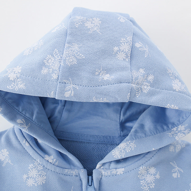European Style Floral Girls Hooded Coat Long Sleeves Blue 95% Cotton.
