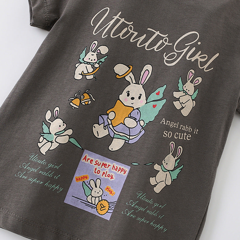 Girls Cartoon Rabbit Letter Pattern Short Sleeve T-shirt