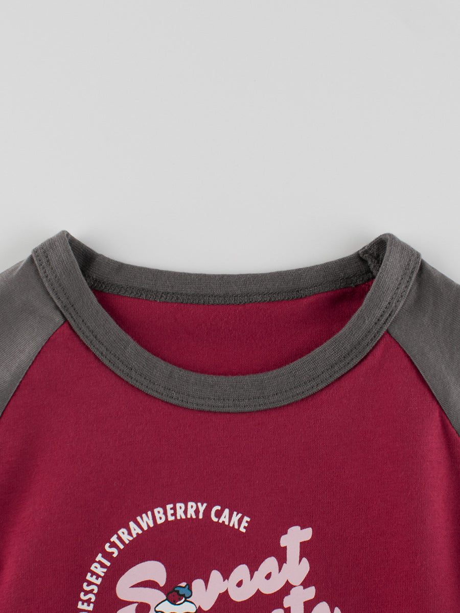 Cartoon Print Color Patchwork Crew Neck Long Sleeves Kids Girls Shirt Red 90-140