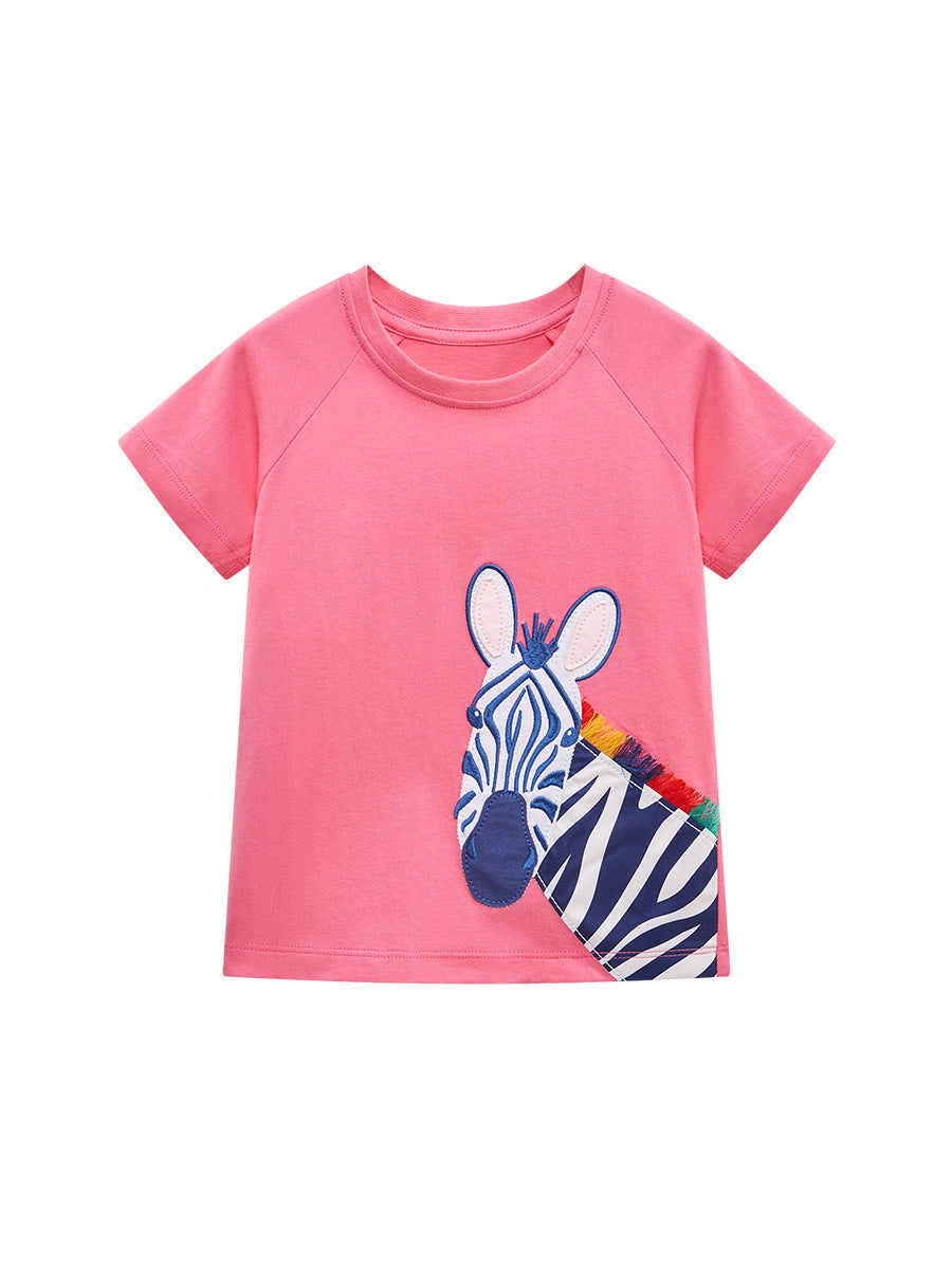 Cute Zebra Cartoon Baby Girls Round Neck T-Shirt European American Style
