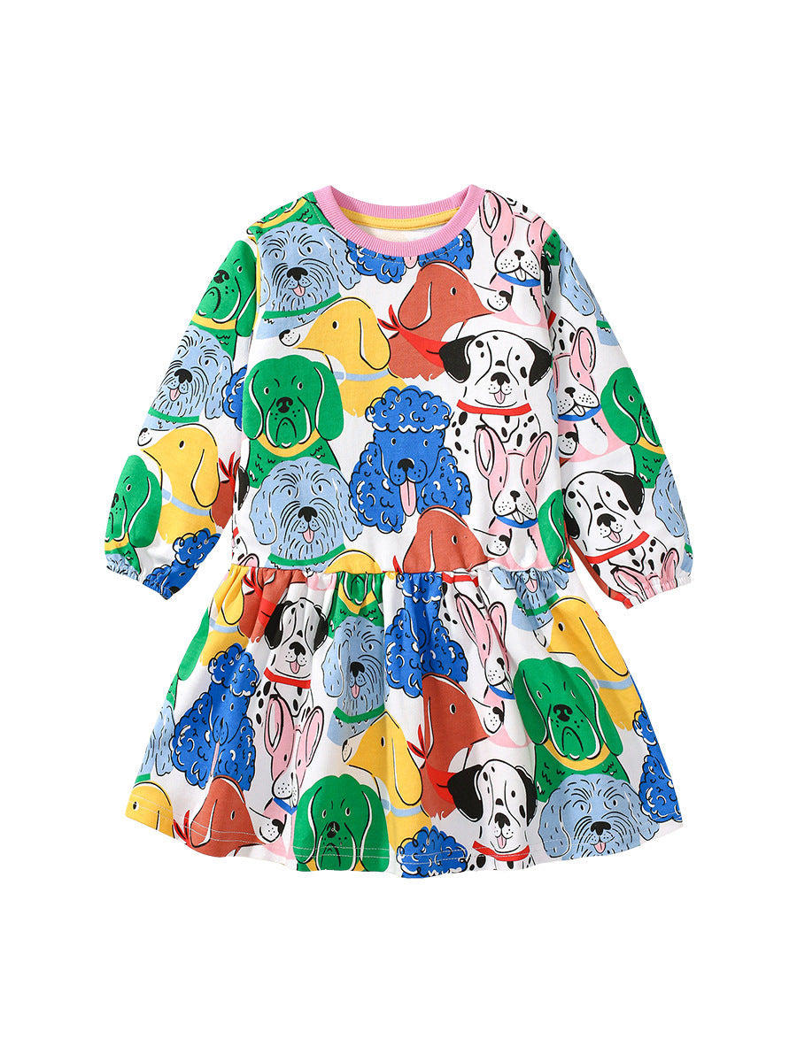 Design Autumn Girls Vivid Colorful Dogs Pattern Dress-0