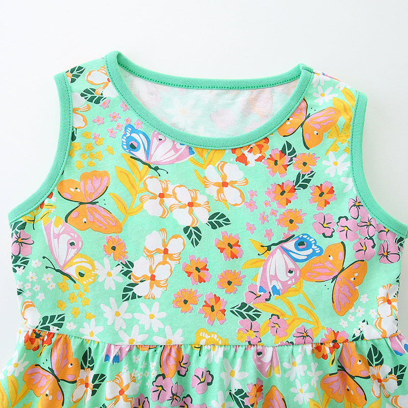 Summer Pure Cotton Flowers and Butterfly Pattern Sleeveless Dress for Stylish Girls-2