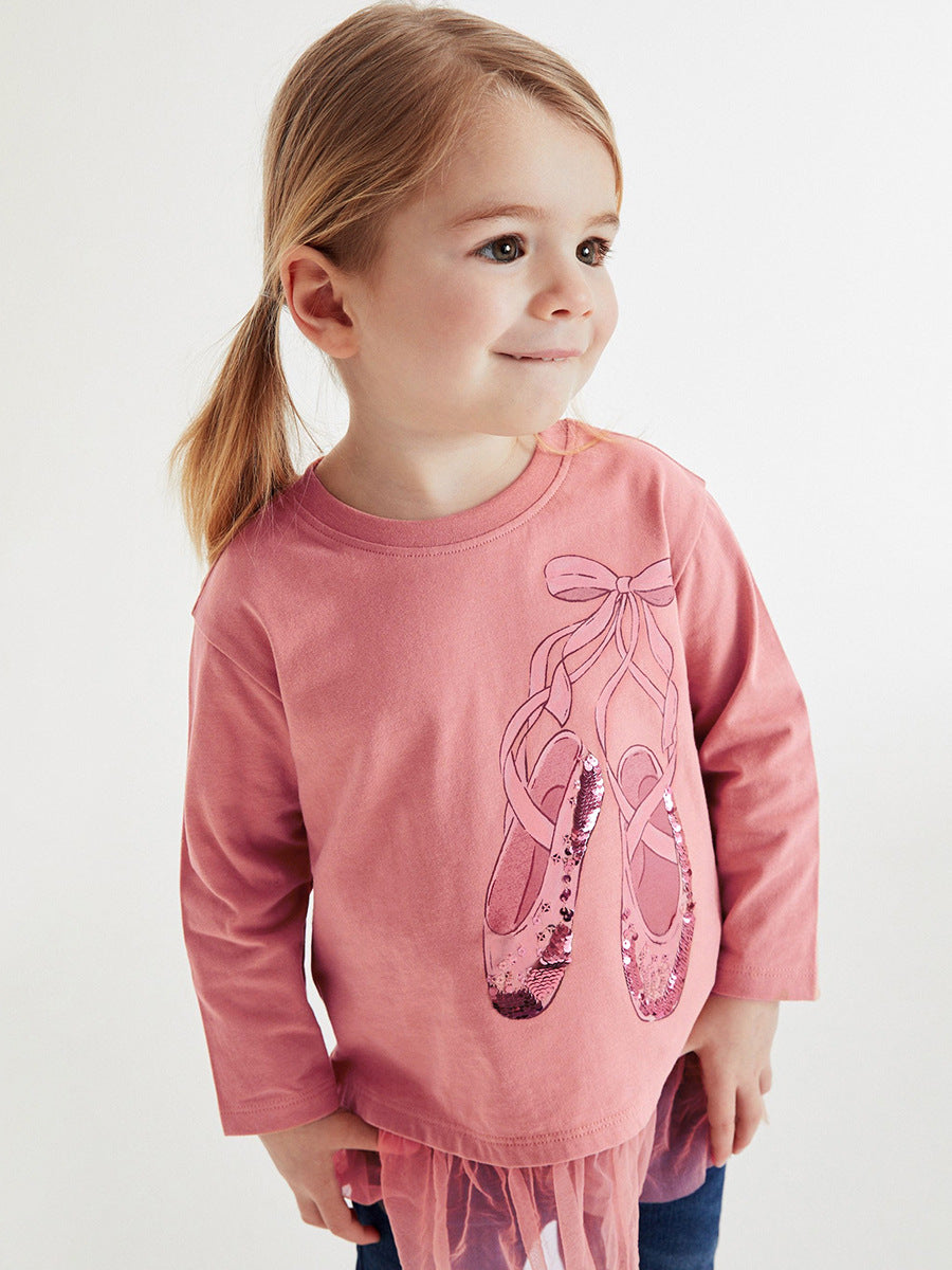 Girls’ Cartoon Dancing Shoes Long Sleeves T-Shirt Dress In European And American Style For Autumn