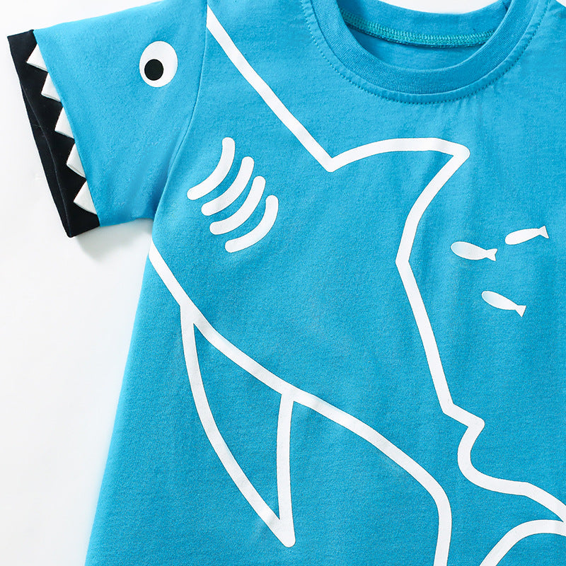 Summer Baby Kids Shark Cartoon Pattern T-shirt and Shorts Clothing Set for Boys-2