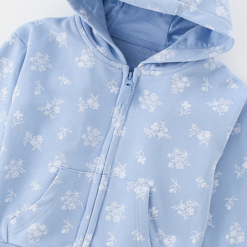 European Style Floral Girls Hooded Coat Long Sleeves Blue 95% Cotton.