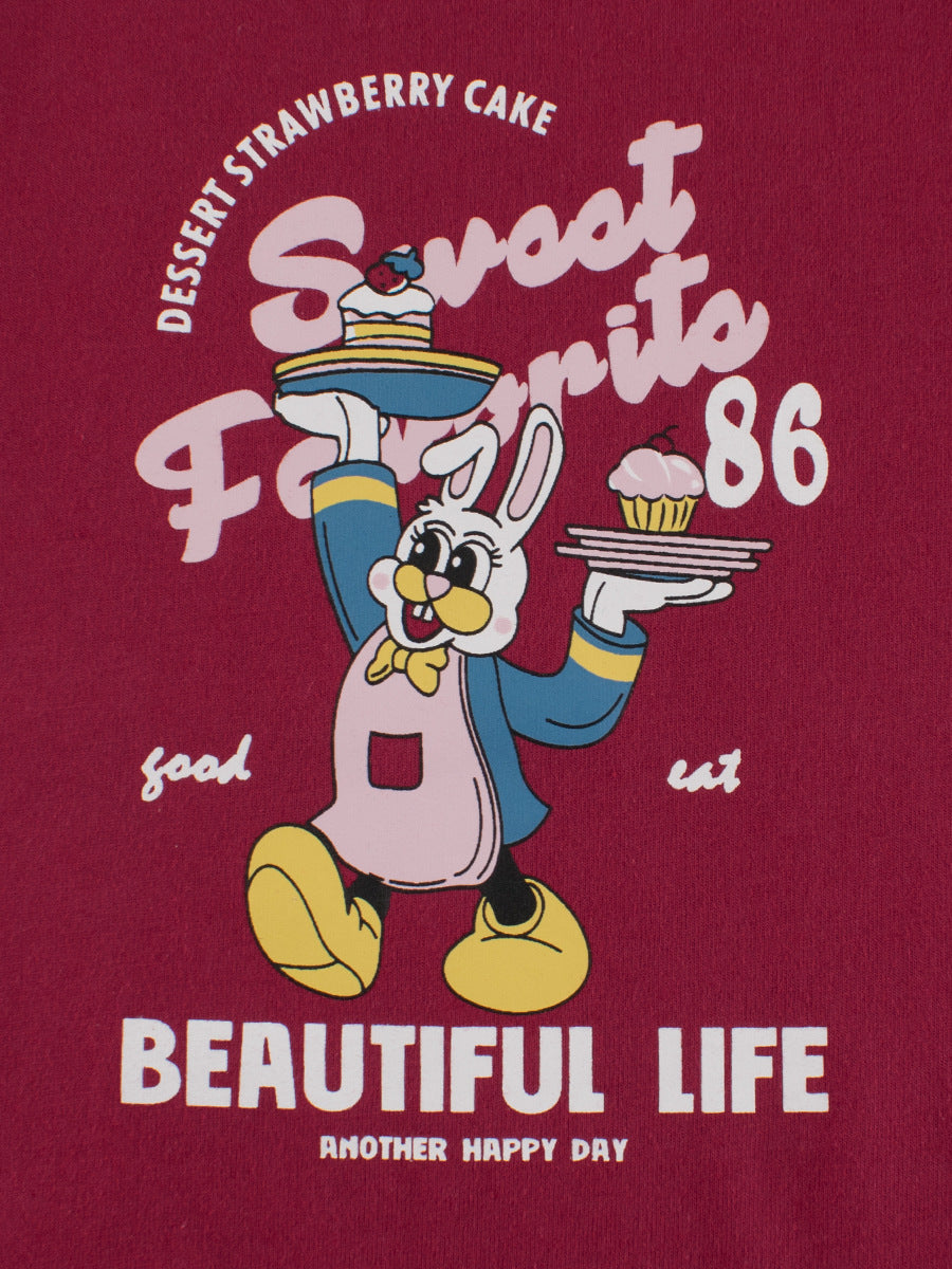 Cartoon Print Color Patchwork Crew Neck Long Sleeves Kids Girls Shirt Red 90-140