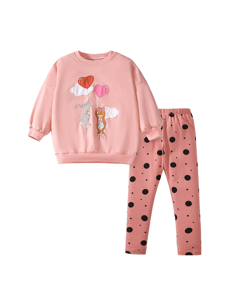 Cute Cartoon Rabbits Long Sleeves Crew Neck Top and Polka Dots Pants Set Spring Autumn Clothes Baby Girl Outfit