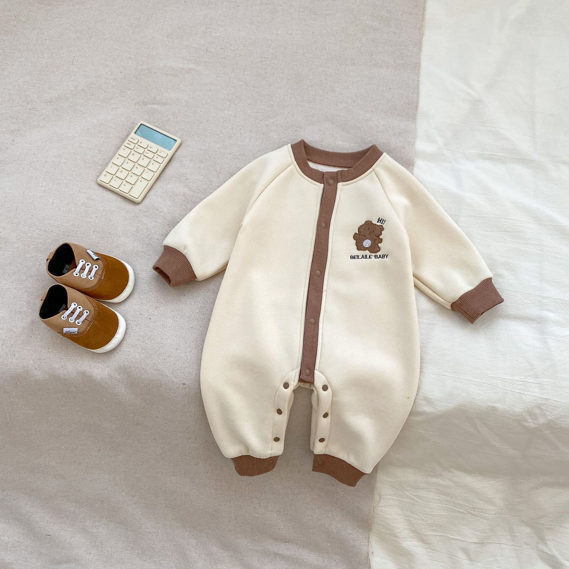 Autumn and Spring Arrival Baby Unisex Simple Teddy Pattern Long Sleeves Cozy Rompers-3