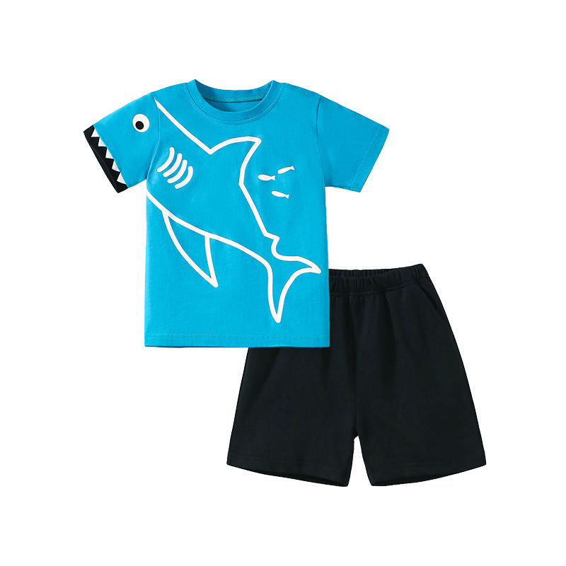 Summer Baby Kids Shark Cartoon Pattern T-shirt and Shorts Clothing Set for Boys-1