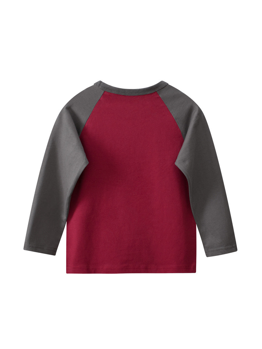 Cartoon Print Color Patchwork Crew Neck Long Sleeves Kids Girls Shirt Red 90-140