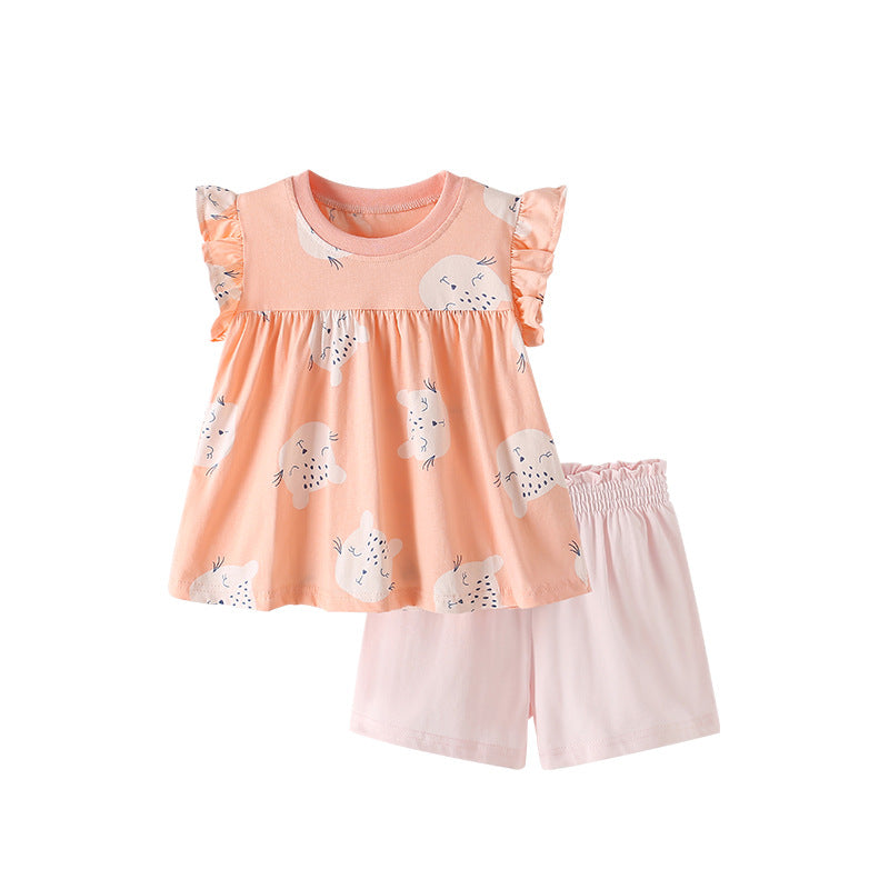 Summer Baby Kids Cartoon Leopards Pattern Top and Pink Shorts Clothing Set for Girls-0