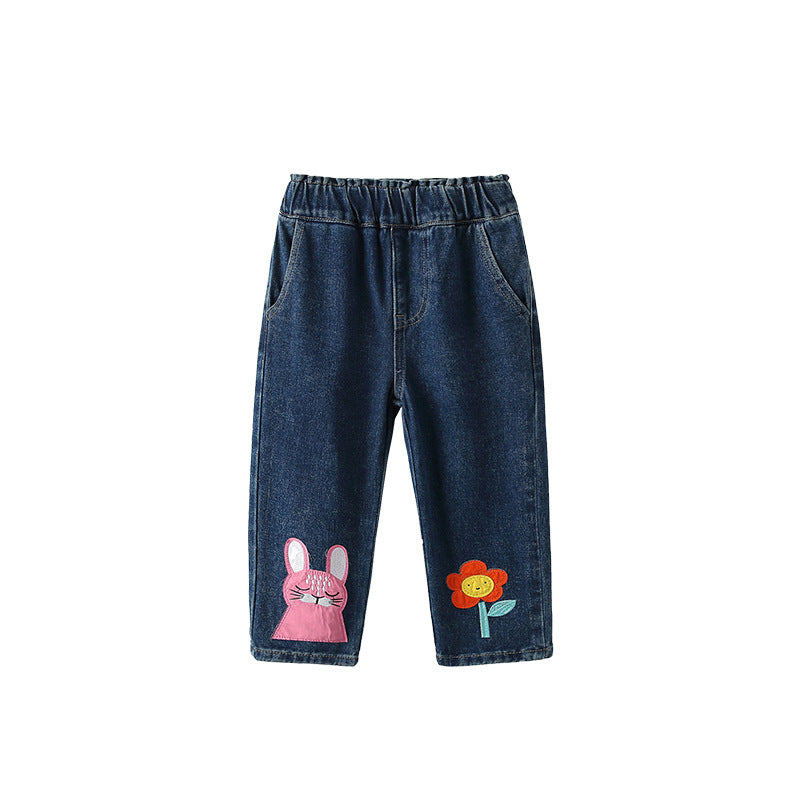 Cartoon Pattern Autumn Denim Pants For Kids Girls