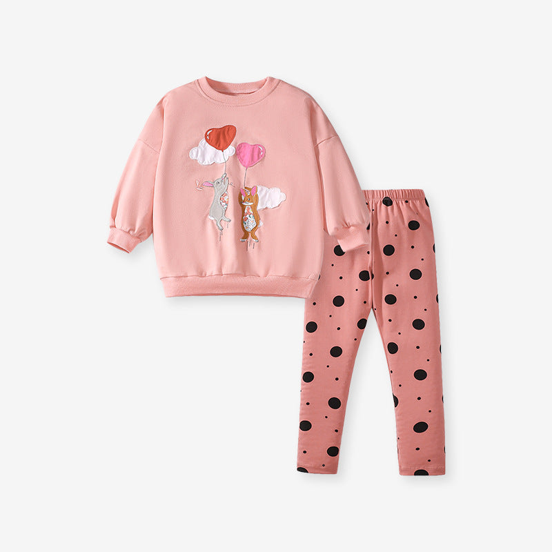 Cute Cartoon Rabbits Long Sleeves Crew Neck Top and Polka Dots Pants Set Spring Autumn Clothes Baby Girl Outfit