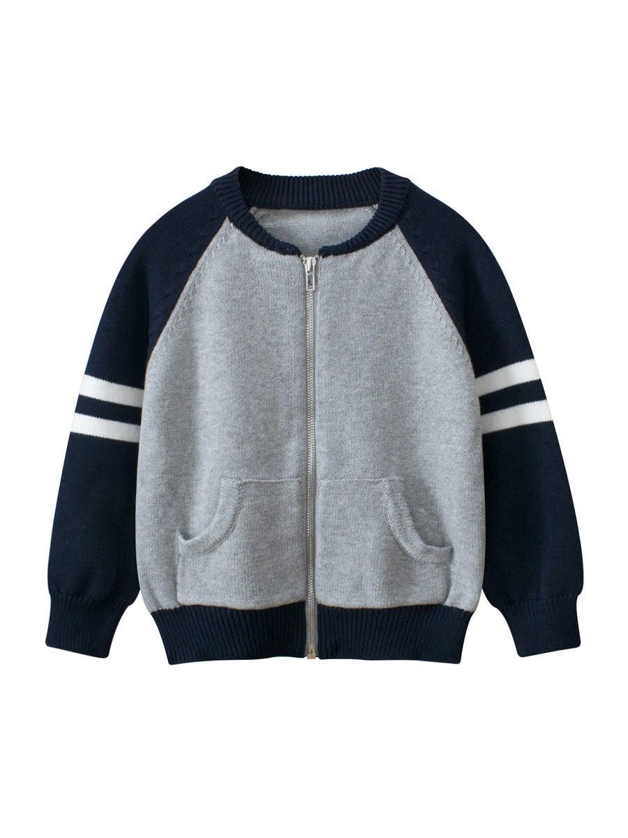 Spring Striped Knitted Coat Boys Kid Euro-American Style Long Sleeve Single Breasted Jacket