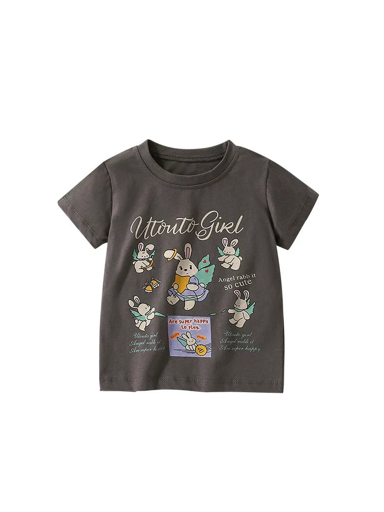 Girls Cartoon Rabbit Letter Pattern Short Sleeve T-shirt