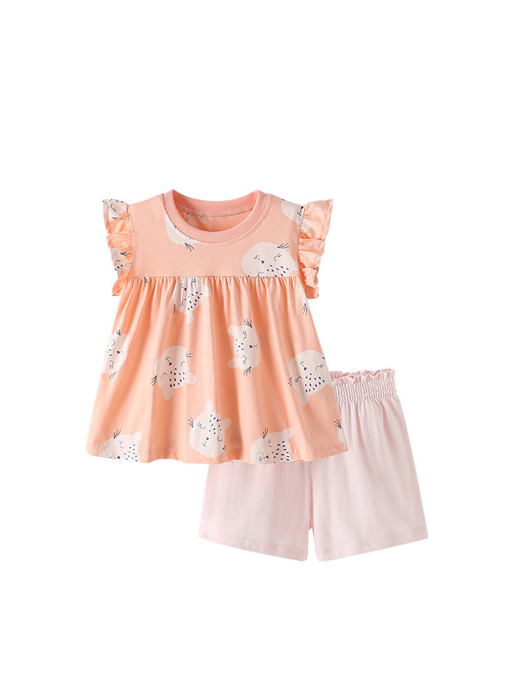 Summer Baby Kids Cartoon Leopards Pattern Top and Pink Shorts Clothing Set for Girls-4