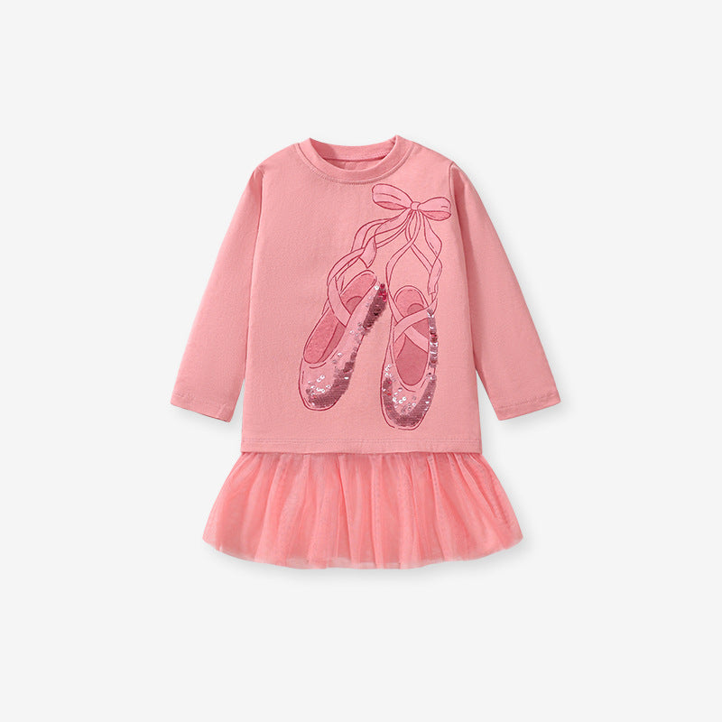 Girls’ Cartoon Dancing Shoes Long Sleeves T-Shirt Dress In European And American Style For Autumn