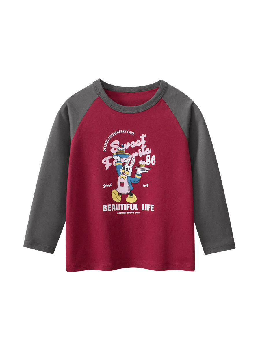 Cartoon Print Color Patchwork Crew Neck Long Sleeves Kids Girls Shirt Red 90-140