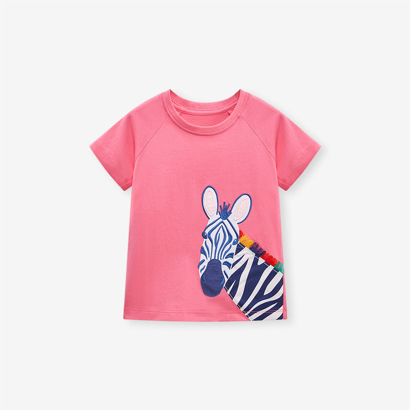 Cute Zebra Cartoon Baby Girls Round Neck T-Shirt European American Style